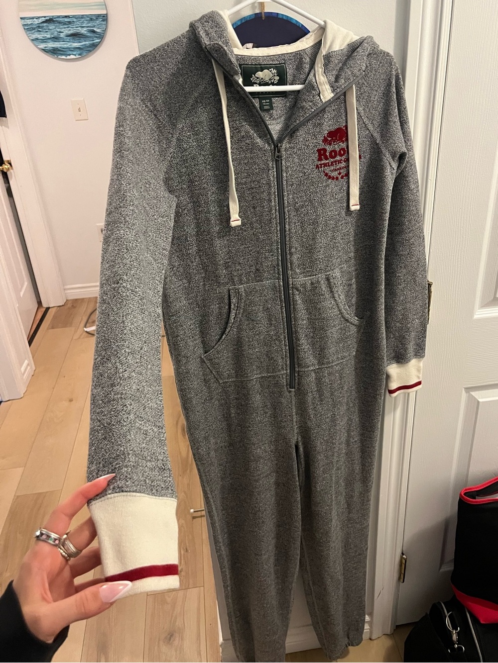 29. Roots Heather Grey Zip-Up Sweatshirt with Dark Red Logo
